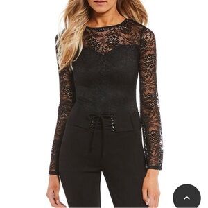 NWT I.N‎ San Francisco Black Lace Long Sleeve Back Tie Bodysuit Size M Romantic
